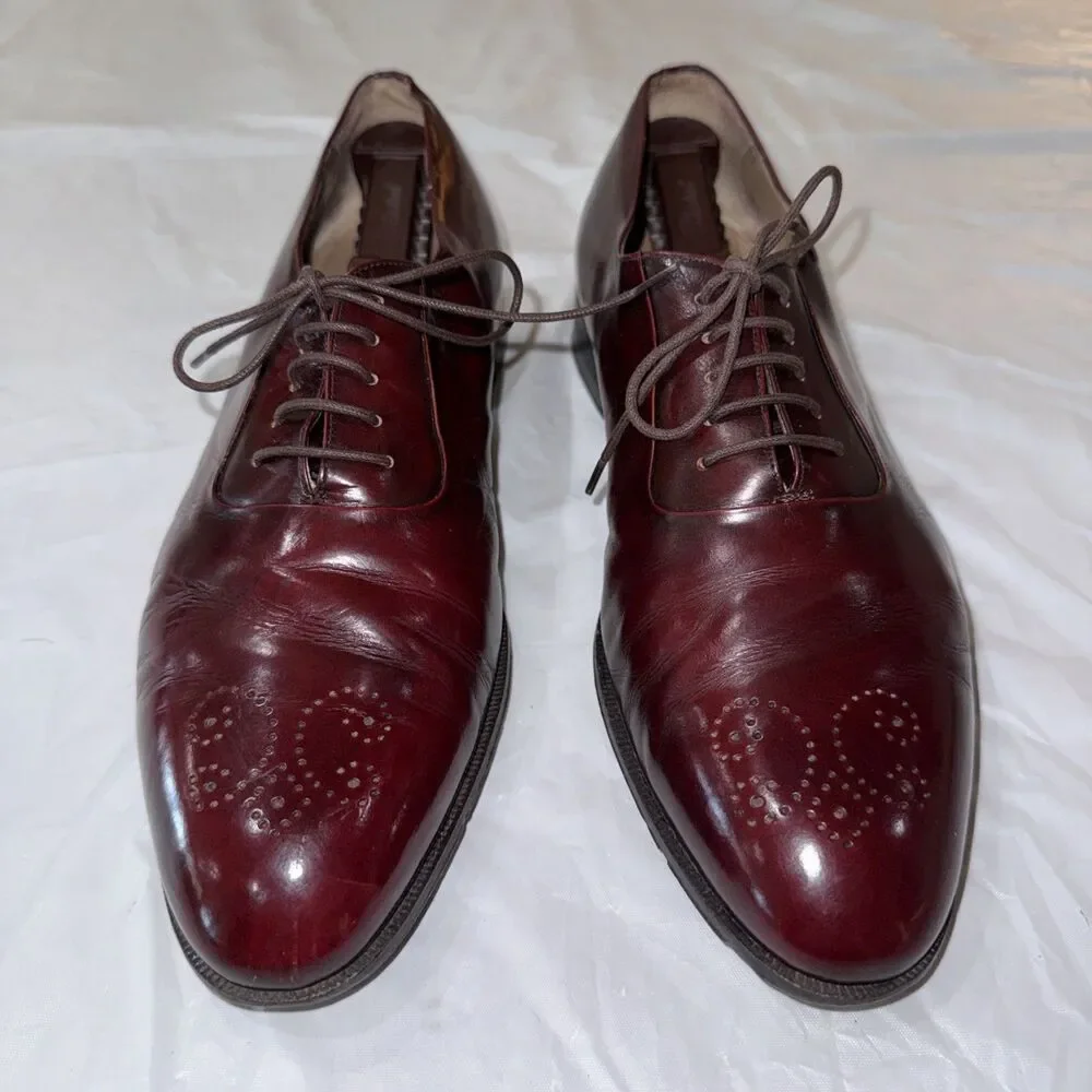 Bally Bilbao Mens 10D Oxblood Burgundy Leather Derby Brogue Lace Up Dress Shoes